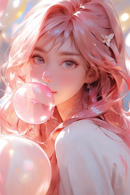 bubble_blowing, chewing_gum, 1girl, solo, balloon, long_hair, bangs, looking_at_viewer, eyelashes, extremely detailed CG unity 8k wallpaper,masterpiece, best quality, ultra-detailed, beautiful detailed eyes:1.2,best illumination, (best shadow, an extremely delicate and beautiful, bloom),
 <lora:fenhongnvhai:1>