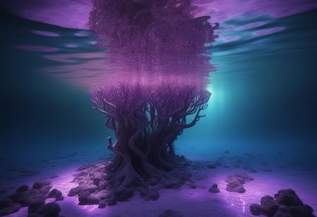 The shallow waters of an alien coral reef on an alien planet, soft shafts of purple light penetrate the water, a shoal of alien fish swim into the foreground, source_alien, the alien sea is full of aquatic life, 
hyperrealistic, photorealistic, highly detailed, professional photography, award winning wildlife photography, wide_angle, serine, calm, relaxing,underwater,under the water,under water