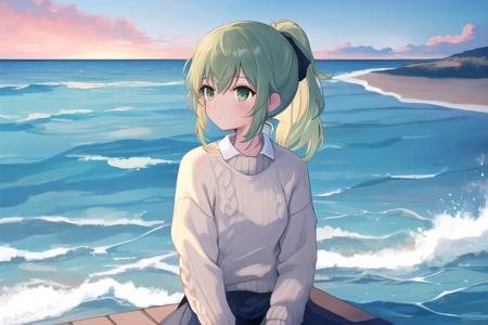 masterpiece, best quality, 1girl, upper body, sitting, swept bangs, medium hair, ponytail, green hair, sweater, fluffy, outdoors, horizon, sky, ocean, water, water world, waves, ripples, , <lora:softpastel:0.9>