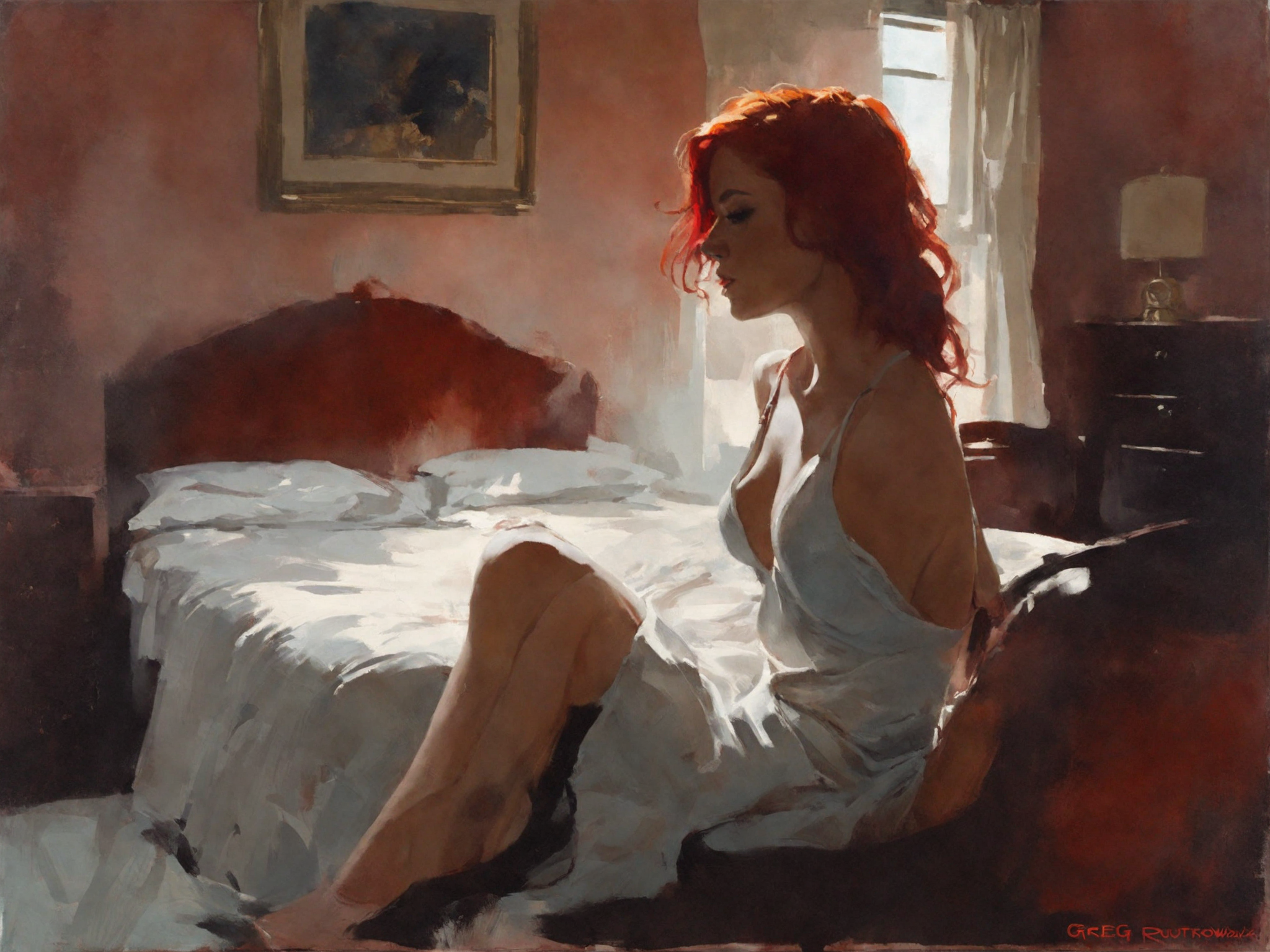art by greg rutkowski, woman, red hair hair, sexy, beautiful, background is a bedroom