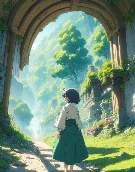 a character standing in a serene and lush green landscape, surrounded by nature and bathed in soft sunlight. dynamic, detailed ,Ghiblism-Ghibli, GhiblismDetailed,  Ghiblismkw