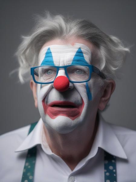 Boundless (man Melench123:1.3) made-up as a clown, glasses, grey hair, FOV 90 degrees, Fine art, Angry, Britpop, Depth of field 100mm, Planetary rotation