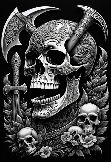 hygendy skull and axe , in the style of dan mumford, tristan eaton, hybrid creature compositions, uhd image, cobra, symbolic overload, realistic hyper-detail , black white color scheme, background black solid color ,strong high-contrast shading, whiplash line, inthe style of heavy metal embroidery , anton fadeev , grisaille,, ((black background)) <lora:last:1>,  <lora:add_detail:1> . Dreamlike, mysterious, provocative, symbolic, intricate, detailed