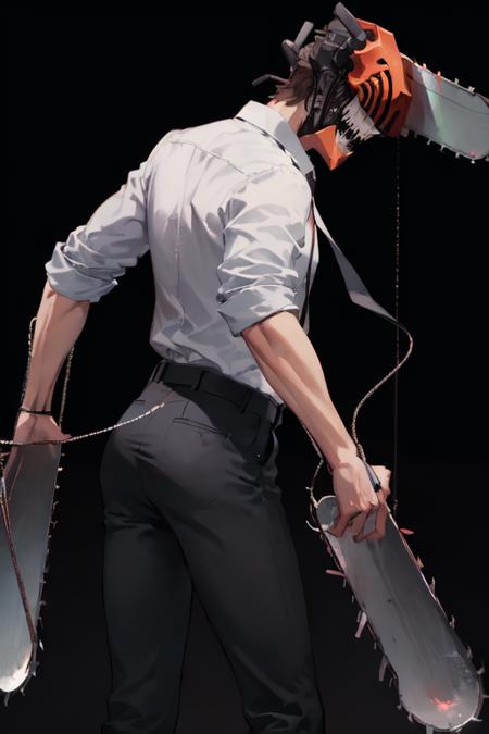 (masterpiece, best quality:1.2), <lora:csm_denji-10:1>, from behind, solo, male focus, 1boy, chainsaw man, chainsaw, sharp teeth, open mouth, looking back, white collared shirt, black necktie, sleeves rolled up, black pants