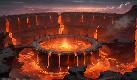 scene concept, lava field, 3d rendering, realistic style, ultra-clear details, masterpiece, high quality, lava, solo, landscape, outdoor, cliff, clouds, fire, science fiction, top view, magic circle, glowing stone, magic circle, architecture, bridge <lora:çå²©ä¹å°:1>