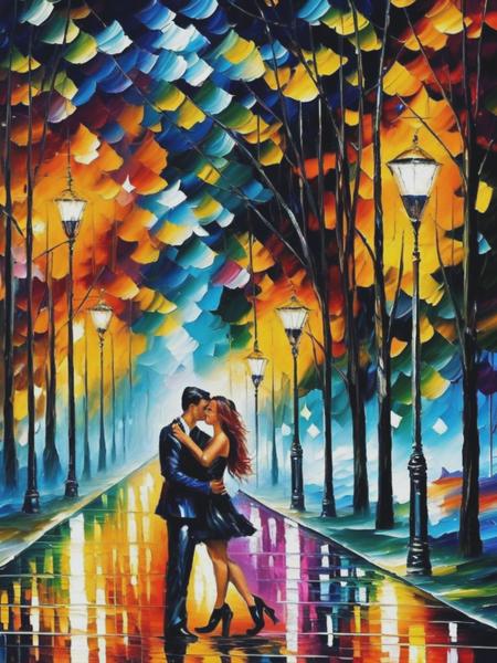 <lyco:LeonidAfremov:1.0> a couple on their first date under street lights by leonid afremov