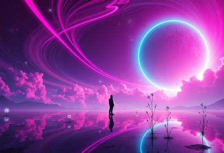 A surreal and cosmic landscape featuring a lone silhouetted figure standing on a reflective surface that mirrors the vibrant sky above. The scene is bathed in radiant hues of magenta, cyan, and deep violet, with glowing clouds stretching across the horizon in swirling, ethereal patterns. A massive glowing planet and a luminous blue ring dominate the background, casting a mystical light over the dreamlike environment. Neon streaks of pink and turquoise flow like ribbons through the air, creating a sense of motion and energy. Delicate, glowing plants rise from the reflective ground, adding an organic touch to the futuristic and otherworldly scene. The atmosphere is both awe-inspiring and introspective, evoking a sense of wonder and cosmic exploration.