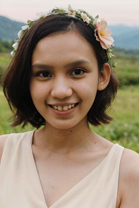 fashion portrait, mid twenties, ohwx farah, pale skin ,short wavy hair, wearing midsommar dress and flower crown, bokeh, on a lush mountain range, depth of field, comfortable expression, looking at viewer,  <lora:ohwx_farah_v2_real:0.75>, sun shaft, soft lighting, taken on a hasselblad medium format camera,  <lora:ohwx_farah_v2_epic:0.25>