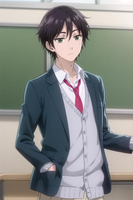 kaitamaru, <lora:kai tamaru s1-lora-nochekaiser:1>,
kai tamaru, short hair, black hair, male focus, mole, (green eyes:1.3), mole under mouth, hair between eyes,
BREAK shirt, long sleeves, school uniform, jacket, white shirt, open clothes, necktie, pants, open jacket, blazer, cardigan, red necktie, sweater vest, brown pants,
BREAK indoors, classroom,
BREAK looking at viewer, (cowboy shot:1.5),
BREAK <lyco:GoodHands-beta2:1>, (masterpiece:1.2), best quality, high resolution, unity 8k wallpaper, (illustration:0.8), (beautiful detailed eyes:1.6), extremely detailed face, perfect lighting, extremely detailed CG, (perfect hands, perfect anatomy),