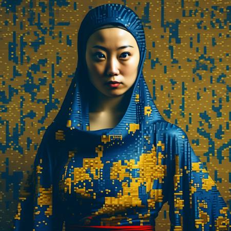 8bit ninja superimposed on a beautifull dress, closeup portrait photography in the style of vermeer and ultra sharp japanese photography