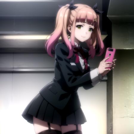 <lora:maria_tomodachi _v1(resize-sv5):1> maria_olis, 1girl, solo, pink hair, hair ribbon, green eyes, neck ribbon, white shirt, black jacket, black skirt, garter straps, thighhighs, looking at viewer, holding, cellphone, smile
BREAK
pillar, dark, dark background, darkness, indoors