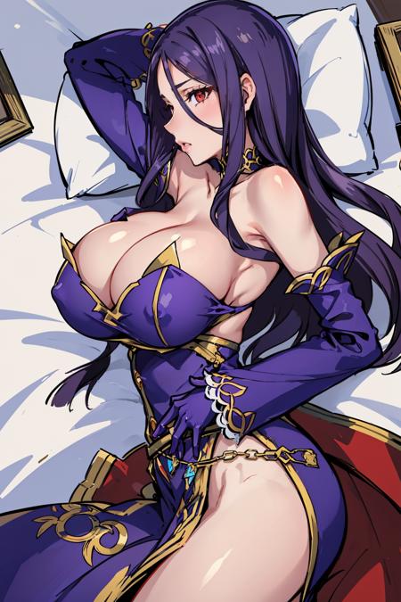 masterpiece, best quality,  <lora:crymaria-nvwls-v1:0.8> crymaria levin, red eyes, choker, bare shoulders, detached sleeves, purple dress, purple gloves, lying in bed, from side, huge breasts