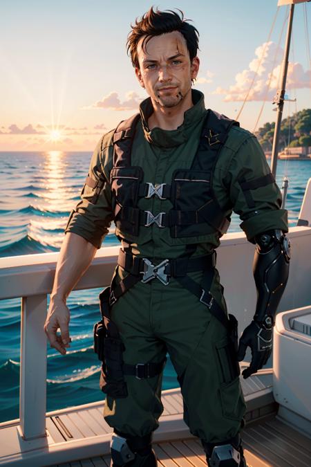 ((ultra detailed, masterpiece, best quality))
 <lora:CyberMitch:0.7>
CyberMitch, 1boy, solo, mechanical arms, On a yacht at sunset, nautical-inspired fashion, ocean waves in the background, standing on the deck with a charismatic smile