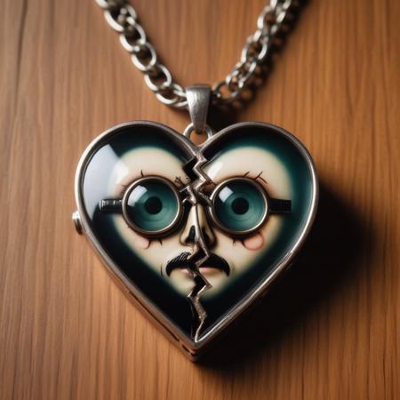 <lora:SplitHeartSDXL:1>SplitHeart, Dye heart, (Binoculars monocle:1.5)|(sinister totem:1.5), gelatine chain, wooden background