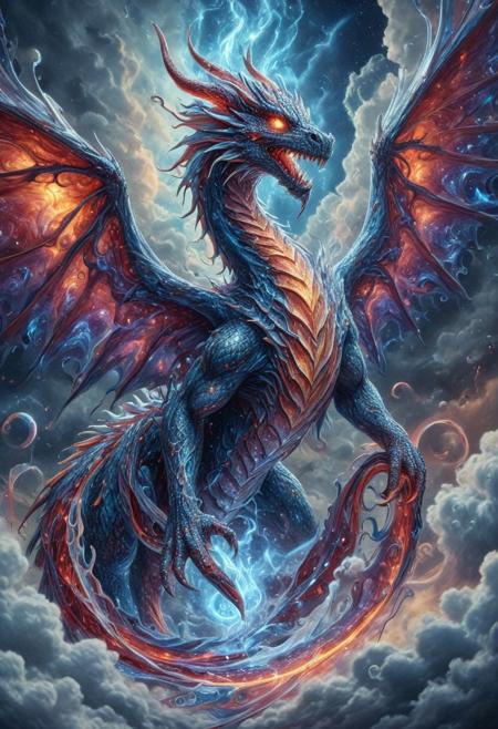 celestial marble dragon Made of CosmicStyle, flying through liquid sky, clouds melting into ribbons of color, fluid scales shimmering with white blue and red hues, glowing eyes, dynamic wings of flowing liquid, painterly lighting, vast fantasy environment, surreal atmosphere, highly detailed, magical realism, CosmicStyle
