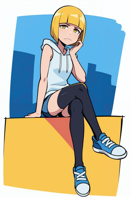 <lora:Liltotto:1>,solo, blonde hair, sneakers, yellow eyes, 1girl, short hair, white background, hoodie,hood down,city,outdoors, sitting,(crossed legs:1.1), full body, shorts,, looking at viewer, frown, bare arms, bob cut, yellow eyes,blunt bangs, closed mouth,  <lora:BASUN style:0.4>,arm support,