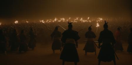 cinematic shot, epic samurai battle, night, wide angle, shallow depth of field, symmetrical, kodachrome <lora:JuggerCineXL:1>