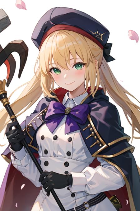 best quality, masterpiece, highres, solo, {altria_caster_fgo:1.15}, blonde_hair, long_hair, green_eyes, bangs, twintails, bow, hat, smile, hair_between_eyes, staff, cape, blush, blue_headwear, buttons, beret, closed_mouth, breasts, 1girl, holding, holding_staff, looking_at_viewer, shirt, black_gloves, gloves, long_sleeves, upper_body, white_shirt, petals, purple_bow, capelet