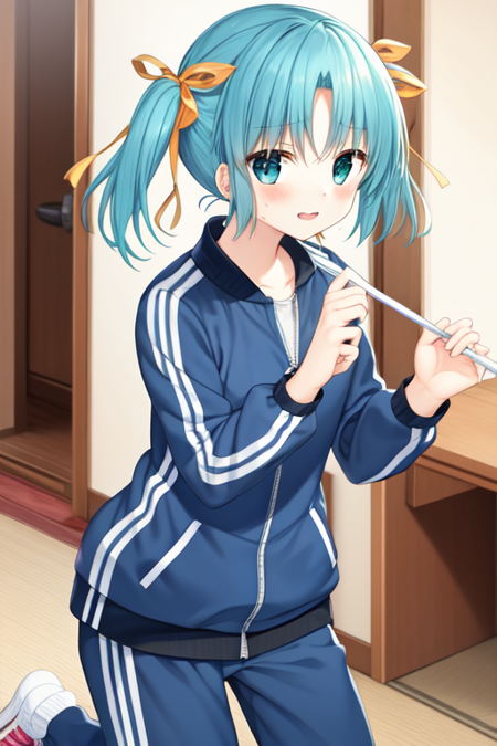 yuukimiwa, hair ribbon, short twintails, tracksuit, track jacket