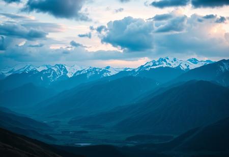 majestic Tian Shan Mountain Range, captured in a breathtaking landscape photography style, dramatic lighting, snow-capped peaks, lush green valleys, vibrant skies, ultra-wide lens, high-resolution detail, high detail. highly detailed and hyper realistic photo, by Alena Aenami , by Archibald Thorburn , by Daniele Afferni , in the style of  monochromatic silhouette reflection,  limited dark palette, unusual dark colors, faded colors, atmospheric haze, highly dramatic cinematic lighting, motion blur, film grain,  professional, excellent composition, finest details, maximized details, ultimate detail level, masterpiece, best quality