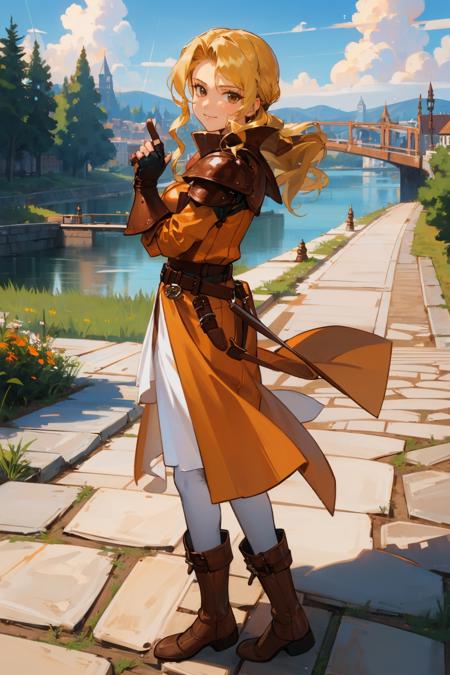 masterpiece, best quality, eyvel, armor, fingerless gloves, orange dress, belt, white pantyhose, brown boots, cowboy shot, from side, looking at viewer, smile, castles, cobblestones, clouds, river <lora:brigid-nvwls-v1-000010:0.9>