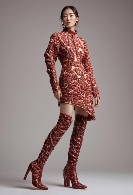 female model wearing a dress made of wagyu, made of wagyu high heel boots, intricate meat textures forming the sleek structure, high-detailed, aesthetics, cinematic lighting, simple background, realistic, masterpiece, best quality, highly detailed, sharp focus, dynamic lighting