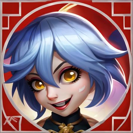 HEZI,LOL style,Summoner Avatar,Game avatar,Western cartoon game style,teeth,solo,sharp teeth,smile,pointy ears,pink hair,1girl,looking at viewer,white eyes,long hair,1boy,open mouth,hair between eyes,fangs,male focus,white hair,pale skin,portrait,colored skin,curly hair,blue eyes,makeup,grin,medium hair,pink eyes,eyelashes,horns,crazy eyes,upper body,grey hair,grey eyes,crazy smile,white skin,evil smile,multicolored hair,red background,bangs,grey skin,<lora:å¬å¤å¸å¤´å:0.75>,