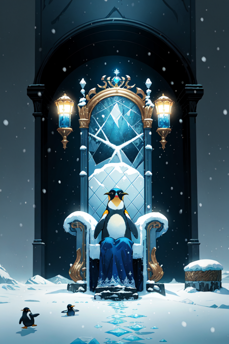 no humans,    bird,  penguin king,  crown, blue theme, cape,  royal crown, regal , frozen throne, throne, ice, winter scene, iced over throne,frozen setting,  bird, penguins sitting by the throne, empire penguin, arctic setting, extreme light and shadow, rim lighting, arctic theme, ultra detailed, 2k cg detailed wallpaper, masterpiece, best quality, official art,Earth-QualityPos