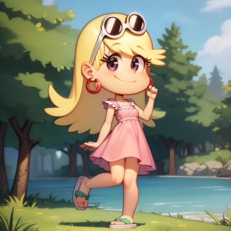 leni loud blonde hair long hair pink dress earrings eyewear on head hoop earrings sandals