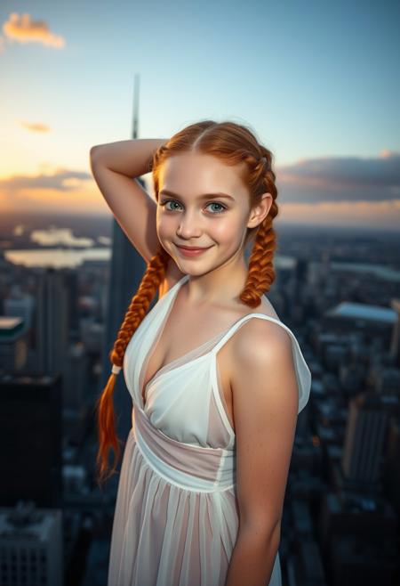 A 20 year old irish girl with ginger braided hair is standing on top of a skyscraper with the sun setting in the background. Her silhouette is contrasted against the skyline. She is wearing a white see-through gown. She has large enchanting green eyes. She has a cute freckled face and blushing cheeks. Her smile is warm and welcoming. She has one arm raised, the other is resting on her hip. The photograph is taken with an analog machine, producing film grain effects. Photorealistic, HDR,