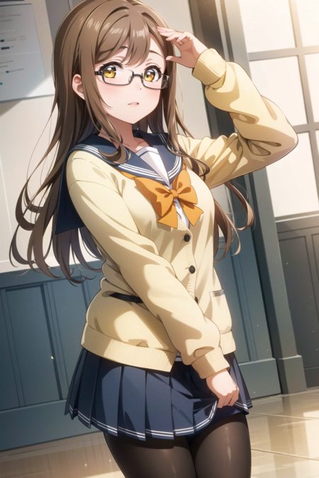 masterpiece, best quality, 1girl, solo, kunikida hanamaru,  brown hair, yellow eyes, long hair,  <lora:MaruLL_v1-04:0.6>, looking at viewer, school uniform, glasses, uranohoshi school uniform, yellow cardigan, pleated skirt, gray skirt, orange bow,  pantyhose, long sleeves, serafuku, sailor collar,