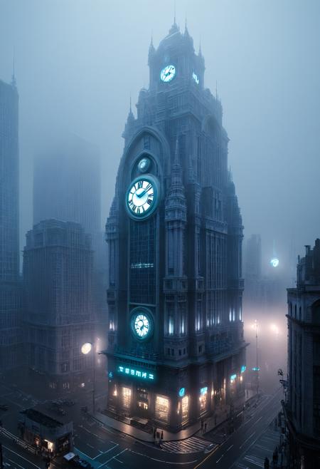 professional 3d model <lora:AB ILL Vehicle:1>,Andrew Bell,, city street,street,street photography,<lora:Beeple_scenery:1>,Beeple,scenery,a futuristic building with a clock tower on top of it's side in the foggy cityscape,, <lora:Metroplex Base:0.4>,a city scnery,, <lora:LetThereBeLight:0.3>,Beeple,lighting, . octane render, highly detailed, volumetric, dramatic lighting