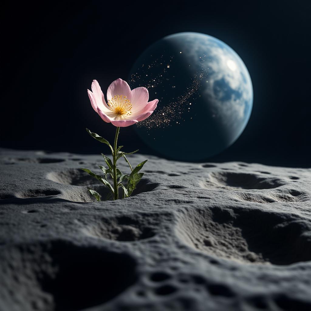 On the barren surface of the moon, an ethereal flower blooms, with silicon, not carbon, at the core of its existence. The light of dying stars falls upon the petals.
The flower releases clouds of shimmering pollen that hang in the air, unaffected by gravity. The huge, crater-covered surface of the moon is visible in the background, and the Earth is visible as a small blue ball in the distance. Macrophotography by Miki Asai.