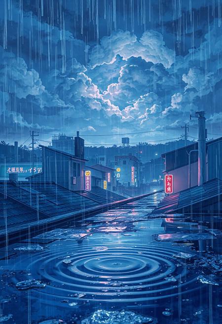 Vertical cinematic anime view, rooftops of a quiet Tokyo district during a light animated rain, puddle ripples shimmering with soft reflections of neon signs, clouds drifting dramatically above, occasional light flicker from behind thick formations, umbrella sways slightly from the breeze, soft blue and violet tones dominate, hyper-detailed.