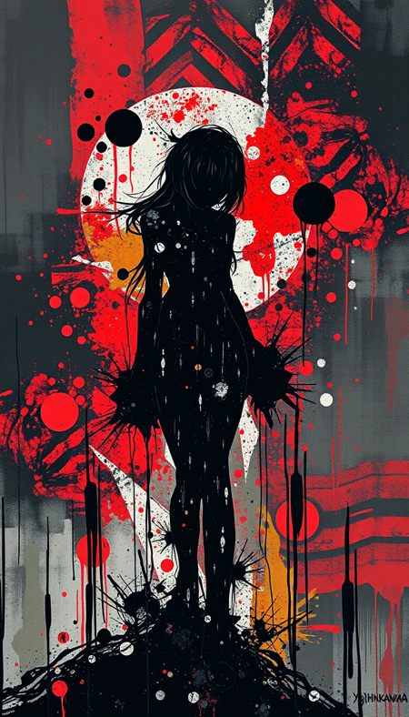 dead stranding art,by Yoji Shinkawa,  futuristic context backgrounds, dark colors, (dutch angle:0.2), neo abstract, explosive brush strokes, vibrant color splashes, gestural marks, emotional intensity, chaotic energy, style raw, silhouette woman, Fragile