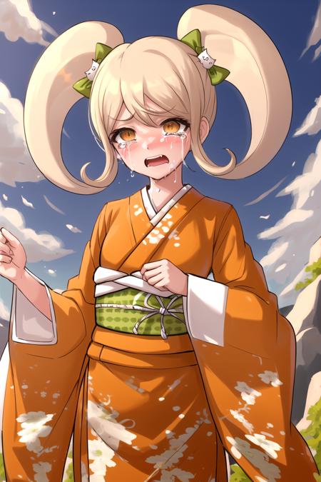 masterpiece, best quality, highres,  <lora:HiyokoDGv3:1>, 1girl, solo, cat hair ornament, blush stickers, japanese clothes, kimono, hair ornament, bow, hair bow, obi, orange kimono, sash, long sleeves, wide sleeves, green bow, sky, outdoors, pink sky, sobbing, on knees, clouds, cowboy shot, upper body, petite,