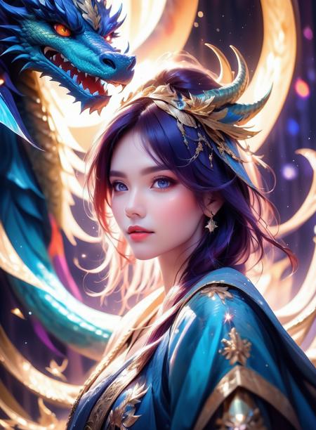 (mysterious:1.3), ultra-realistic mix fantasy,(1 giant eastern dragon:1.3) behind an asian woman holding a glowing sword,void energy diamond sword, in the style of dark azure and light azure, mixes realistic and fantastical elements, vibrant manga, uhd image, glassy translucence, vibrant illustrations, ultra realistic, long hair, straight hair, light purple hair,head jewelly, jewelly, shawls,light In eyes, red eyes, portrait, firefly, bokeh, mysterious, fantasy, cloud, abstract, colorful background, night sky, flame,  very detailed, high resolution, sharp, sharp image, 4k, 8k, masterpiece, best quality, magic effect, (high contrast:1.4), dream art, diamond, skin detail, face detail, eyes detail, mysterious colorful background, dark blue themes