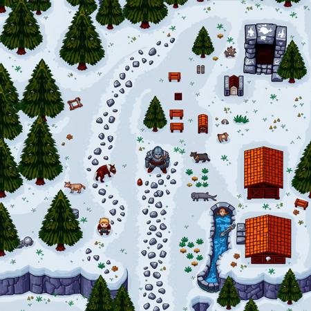 A 16-bit style game screenshot reimagining The Elder Scrolls V: Skyrim as if it were a top-down action RPG released on the SNES. The image should capture the essence of Skyrim's open world and fantasy elements while adhering to the graphical limitations and aesthetic of classic SNES games.
The screen shows a top-down view of a Skyrim-inspired landscape. In the center is the player character, a pixelated Dragonborn hero wearing iconic iron armor and helmet, holding a sword and shield.
Surrounding the character is a diverse Skyrim environment: Snowy paths winding through pine trees, a small village with Nordic-style wooden houses, and an ancient stone ruin off to one side.
Populate the scene with familiar Skyrim elements: A few NPCs like guards and villagers, a horse near a stable, and some hostile creatures like a wolf or skeleton. Include iconic Skyrim fauna like a goat and a salmon jumping in a small stream.
The color palette should use rich, vibrant colors characteristic of SNES games, with dithering techniques to create the illusion of more colors and shading.
UI elements should be minimal but reminiscent of both Zelda and Skyrim: A hearts-based health bar in the top-left corner, a magicka bar below it. Show currently equipped items (sword and shield) in the top-right corner. Include a small mini-map in the bottom-left corner.
At the bottom of the screen, add a dialogue box with the text: 'It just works!'