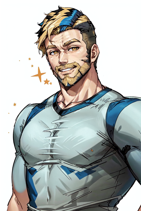 <lora:StarLordV2:0.8> Star_Lord, solo, looking at viewer, smile, short hair, blonde hair, shirt, 1boy, upper body, male focus, multicolored hair, striped, two-tone hair, muscular, facial hair, pectorals, muscular male, bara, beard, large pectorals, striped shirt, sideburns, mature male, undercut, chest hair, prison clothes