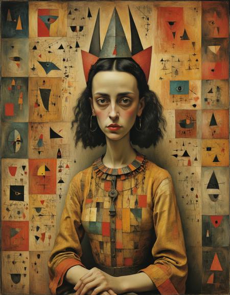 (by Leonora Carrington and by Paul Klee:1.5), (A hacker, executing a cyberattack, malicious, disruptive, on a global scale.:0.5)