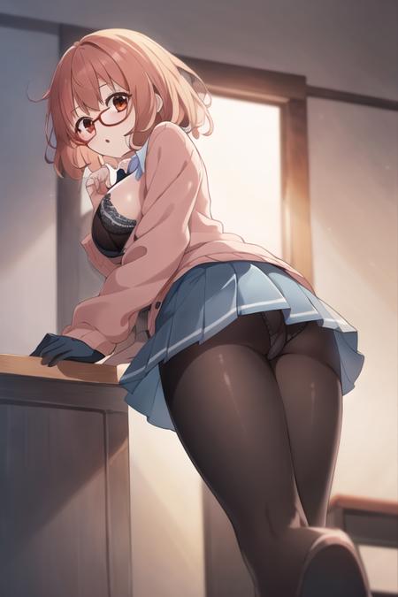 (1girl), solo, <lora:Mirai:0.5>, kuriyama_mirai, brown_hair, brown_shoes, black_legwear, blue_skirt. cardigan, glasses, open_cardigan, open_clothes, pantyhose, pleated_skirt, red-framed_eyewear, school_uniform, serafuku, short_hair, skirt, (extremely detailed), breasts, detailed hair, best resolution, best quality, (standing), ((from below)), below skirt, under the skirt, (close view on underwear from below), upshirt, <lora:upshirtUnderboob_v10:0.35>, from below, elbow gloves, back, sideboob, standing, medium breasts, pleated skirt, bra, ass focus, black bra, best resolution, best quality, (Masterpiece), extremely detailed face, Original Character, perfect lighting, best colors, colorful, beautiful, fine detail, ultra high resolution, Natural Volumetric Lighting And Best Shadows, Deep Depth Of Field, (Highest Quality, Amazing Details:1.4)