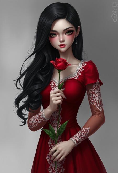a woman in a red dress holding a flower, digital art, inspired by Nene Thomas, tumblr, gothic art, gray scale, dressed in white intricate lace, beauty woman with detailed faces, with long hair, photo pinterest, detailed airbrush art, cartoon art, detailed artwork, instagram art