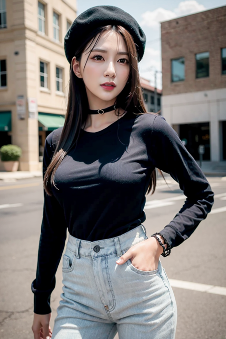 apinkhayoung, urban, streets, (day:1.1), RAW,(8k, best quality, masterpiece:1.2),(intricate details:1.4),(photorealistic:1.4),octane render, complex 3d render ultra detailed, studio soft light, rim light, vibrant details, ultra detailed, realistic skin texture, detailed face, beautiful detailed eyes, extremely detailed CG unity 8k wallpaper, makeup, (detailed background:1.2), (cowboy shot:1.2),(perfect anatomy:1.2),(wide hip:1.1),(black t-shirt, pants, choker, beret:1.2), <lora:apinkhayoung-v1:1>