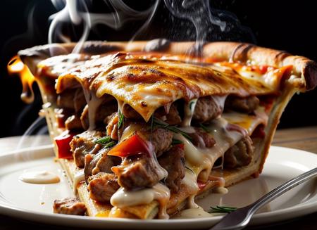 foodporn, savory, pizza, meat, cheese, fried
<|startoftext|> by Leonid Afremov, highly stylized, 4k, unreal engine 5 render, food art, food photography, realistic render, smoke, mist, dramatic lighting, cinematic lighting, rule of thirds, depth of field, cinematic bloom 
<lora:add_detail:1> <lora:FoodPorn_v2_:1>