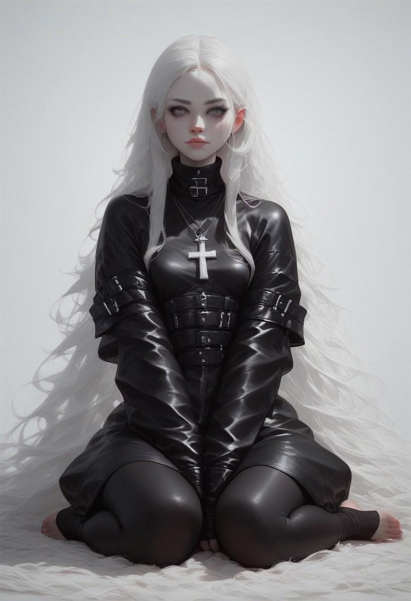 score_9, score_8_up, score_7_up, score_6_up, 1girl, 30 years old, studio photo, gray eyes, white hair, long hair, white pale skin, huge cross necklace, oversized clothes, black straitjacket, black clothes, leather clothes, long clothes, black leggings, sitting, skinny body, low fat body, small breasts, dark background, shedding tears, character emitting light, realistic style, proportional body,