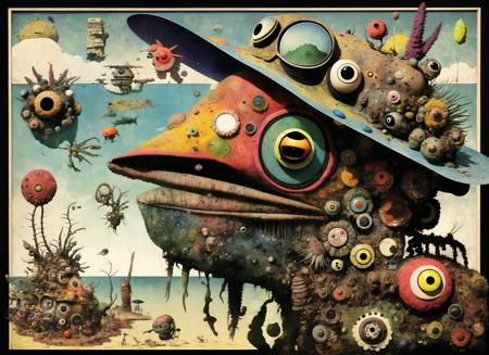 <lora:gonzobugs:1> gonzobugs squid monster with a hat, deep sea fishing, vehicle, agate geode dandelion clowncore, war-torn post apocalyptic wonderland, fauvism , Caspar David Friedrich , Takashi Murakami , Diane Dillon , album cover art, perfect, smooth, pixiv, cgsociety,