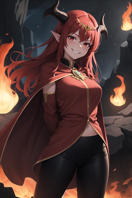 masterpiece, best quality, 1girl, long red hair, red eyes, horns, long red cape, red shirt, black pants, brooch, circlet, evil grin, flames, cave, arms behind back