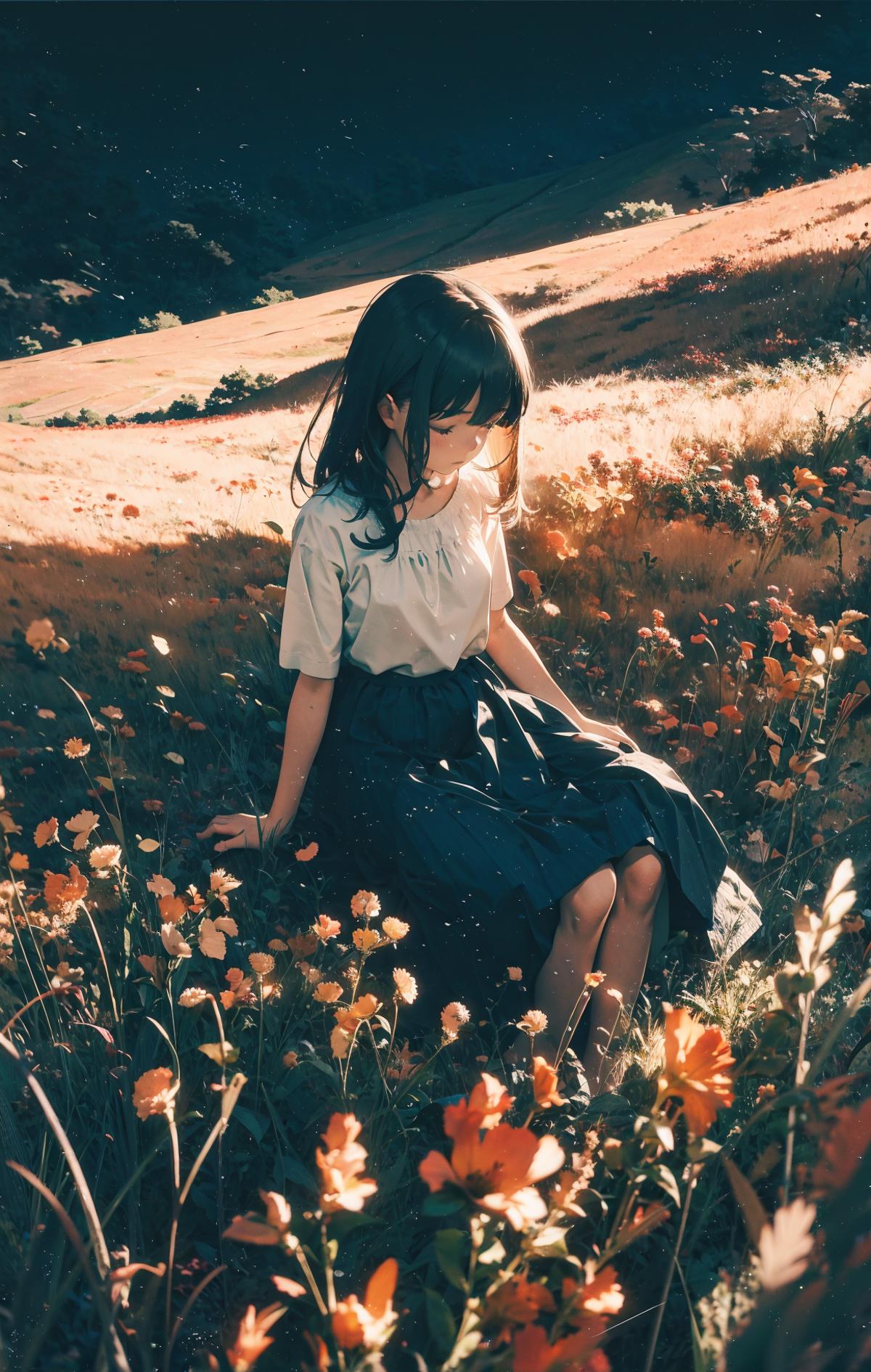 Anime girl sitting in a field of flowers with a blue dress.
