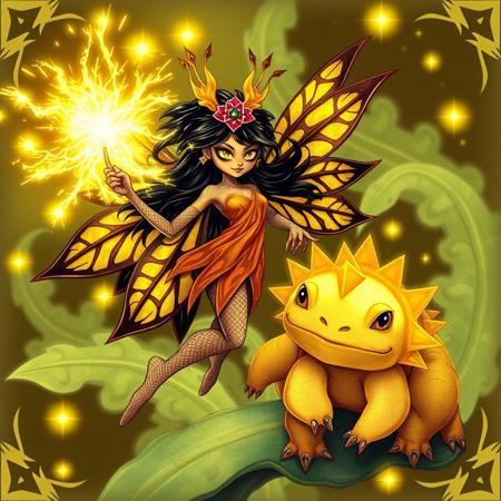 <lora:Florate Flux_v2_epoch_3:0.9> fl0rate. electrified. Cuban fairy holding a magic bulbasaur, yellow sparks, with many striated angular pale shapes. <lora:midjourney_whisper_chromaplex_v1:0.8> <lora:Marquetry_v1_e8:0.8>