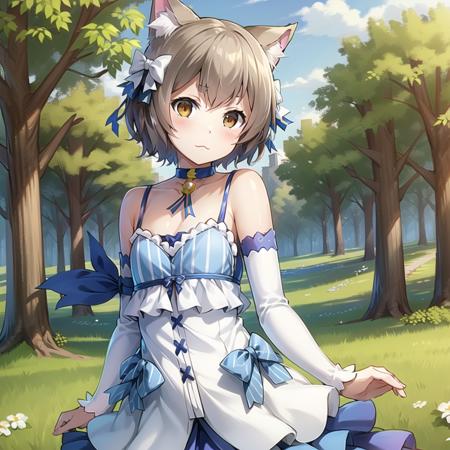 Felix Argyle, short hair, 1boy, dress, detached sleeves, :3, happy, cat ears, otoko no ko, brown hair, bow, choker, cat tail, ribbon, bangs, brown eyes, thighhighs